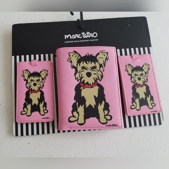 New Marc Tetro Pink Yorkie Luggage Passport Case Set - Picture 1 of 9